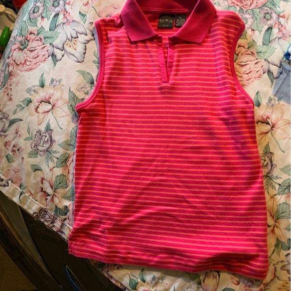 Erika Petite Pink and White Striped Sleeveless Polo Shirt Size LargeP - Picture 1 of 6